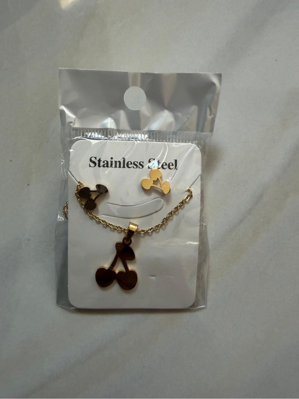 Gold Cherry Pendant Necklace and Earrings Set